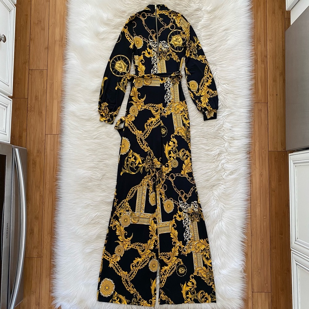 Fashion Nova Black Yellow Gold Chain Print Wide Leg High Status Jumpsuit Gaudy - Picture 9 of 14
